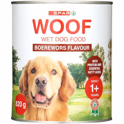 SPAR WOOF DOG FOOD BOEREWORS FLAVOUR 820GR