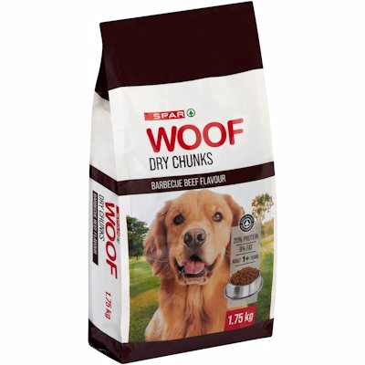 SPAR WOOF DOG CHUNKS BBQ BEEF FLAVOUR 1.75K