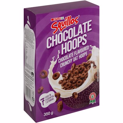 SPAR SQUILLOS OAT HOOPS CHOCOLATE FLAVOURED 350G